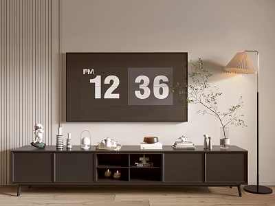 Modern Dark TV Stand With TV Decorative Items Floor Lamp And Green Plant 3d model