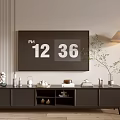 Modern Dark TV Stand With TV Decorative Items Floor Lamp And Green Plant