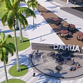 Modern Plaza Landscape With Palm Trees Seating Area And Paved Ground