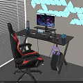 Gaming Computer Setup With RGB Desk Chair And Blue Geometric Wall Decor