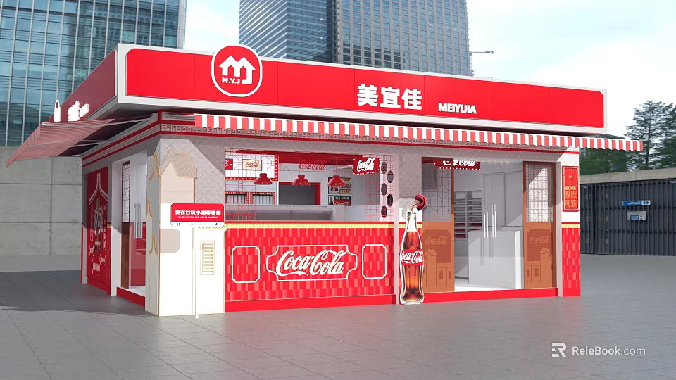 MEIYIJIA Convenience Store Red And White Exterior With Coca-Cola Signage In Urban City Background 3d model 