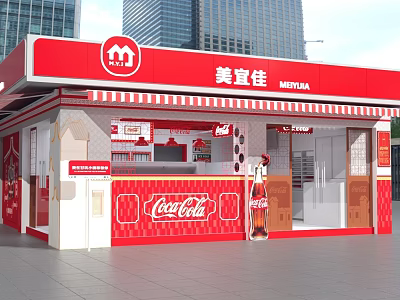 MEIYIJIA Convenience Store Red And White Exterior With Coca-Cola Signage In Urban City Background 3d model