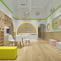 Kindergarten Interior With Wooden Cabinets Circular Reception Desk Pendant Lights And Colorful Stools