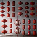 Traditional Red Decorative Lanterns With Various Styles Hanging On Wall