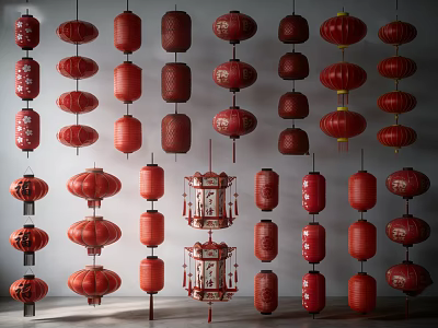 Traditional Red Decorative Lanterns With Various Styles Hanging On Wall 3d model