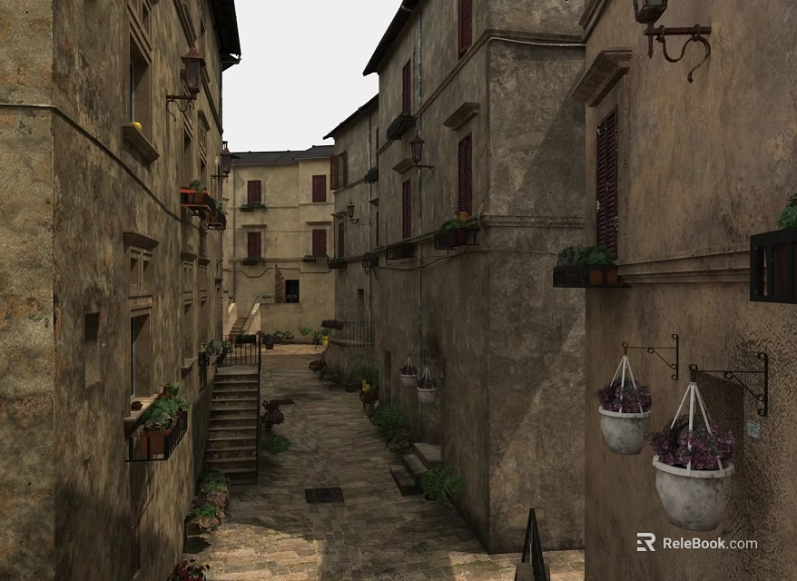 Ancient Commercial Street With Stone Buildings Flower Pots Hanging Lanterns And Stone Steps 3d model