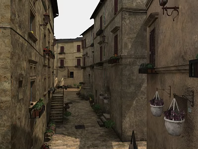 Ancient Commercial Street With Stone Buildings Flower Pots Hanging Lanterns And Stone Steps 3d model