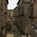 Ancient Commercial Street With Stone Buildings Flower Pots Hanging Lanterns And Stone Steps 3d model