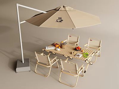 Outdoor Dining Table Set With Four Chairs Beige Parasol And Fresh Fruits 3d model