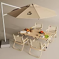 Outdoor Dining Table Set With Four Chairs Beige Parasol And Fresh Fruits