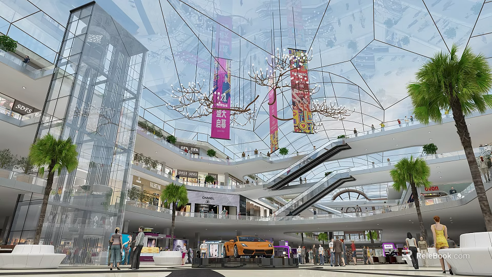 Modern Shopping Mall Interior With Glass Structure Escalators Hanging Banners Palm Trees And Busy Shoppers 3d model 