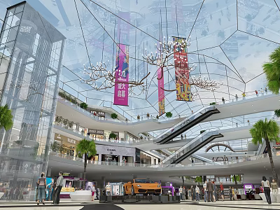 Modern Shopping Mall Interior With Glass Structure Escalators Hanging Banners Palm Trees And Busy Shoppers 3d model