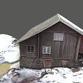 Old Barn With Wooden Walls Stone Base Gray Roof Windows Snowy Ground And Ice