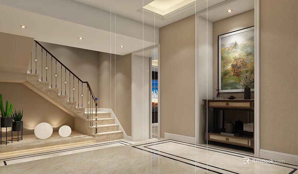 Elegant Modern Hallway Interior With Staircase Artwork Console Table And Marble Floor 3d model