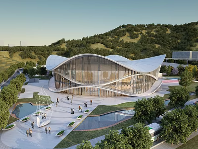 Modern Basketball Arena With Curved Roof Glass Facade Surrounded By Greenery Trees And People Walking 3d model