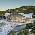 Modern Basketball Arena With Curved Roof Glass Facade Surrounded By Greenery Trees And People Walking