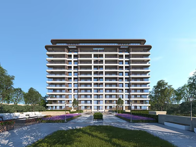 Modern High Rise Residential Building Exterior With Green Lawn Purple Flowers And Trees 3d model