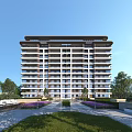 Modern High Rise Residential Building Exterior With Green Lawn Purple Flowers And Trees