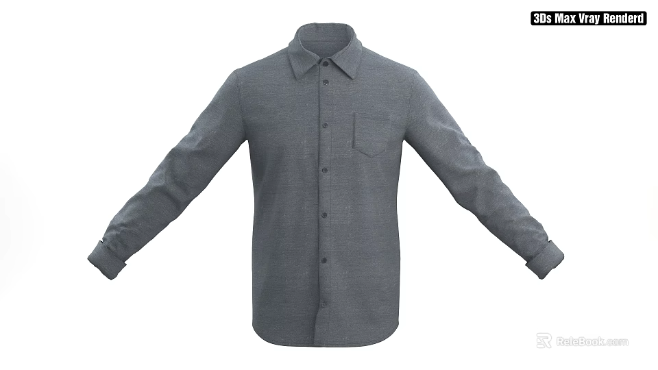 Gray Long Sleeve Collared Shirt With Buttoned Front Chest Pocket And Cuffed Sleeves 3d model 