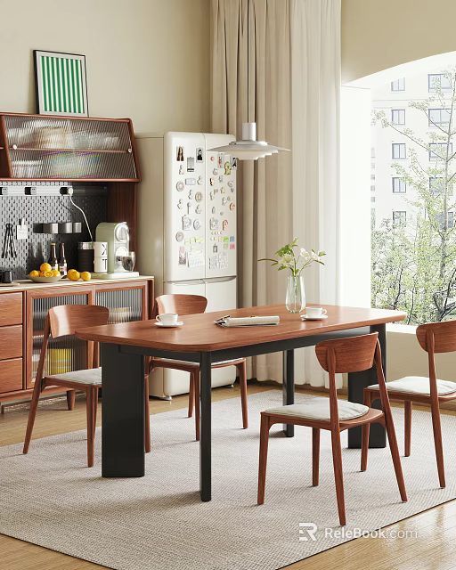 Wooden Dining Table Set With Chairs Vase Flowers Kitchen Refrigerator And Window Light 3d model 