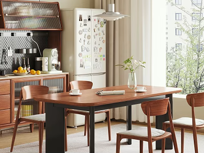 Wooden Dining Table Set With Chairs Vase Flowers Kitchen Refrigerator And Window Light 3d model