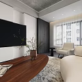 Modern Open Living Dining Area With White Sofa Coffee Table Abstract Painting And Potted Plant