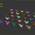 Multiple Colorful Birds Flying Against Black Background With Dynamic Postures