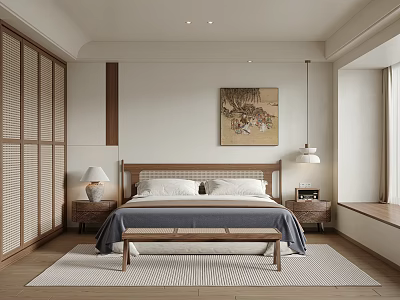 Minimalist Bedroom Interior Design With Wooden Bedhead Wardrobe Rug And Wall Painting 3d model