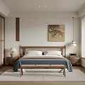 Minimalist Bedroom Interior Design With Wooden Bedhead Wardrobe Rug And Wall Painting