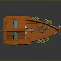 Cartoon Style Orange Water Vehicle With Small Cabin Plants Barrels And String Lights