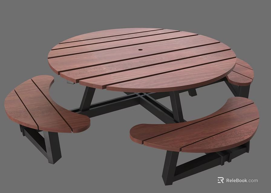 Round Wooden Slatted Outdoor Table With Metal Frame And Bench Seats 3d model 