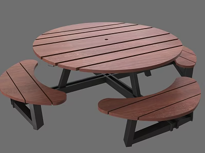 Round Wooden Slatted Outdoor Table With Metal Frame And Bench Seats 3d model