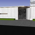 Modern Entrance Gate With White Panels Circular Design Decorative Tree Steps And Gray Pavement