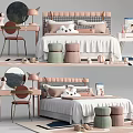 Double Bed With Pink Tufted Headboard White Sheets Stuffed Toys Pink Dressing Table And Stools