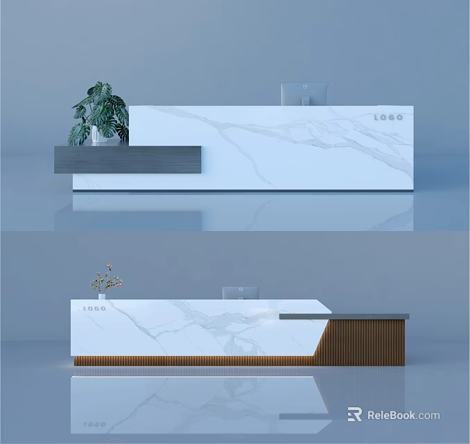 Modern Reception Desk Design With Marble Texture Wooden Panel And Potted Plant 3d model 