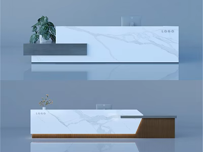 Modern Reception Desk Design With Marble Texture Wooden Panel And Potted Plant 3d model