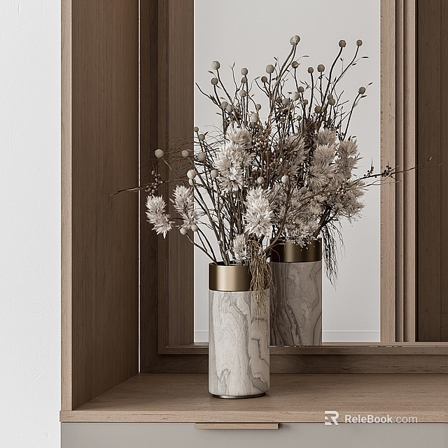 Ceramic Vases with Marble Pattern Golden Top and Dried Flowers in Wooden Background with Mirror 3d model 