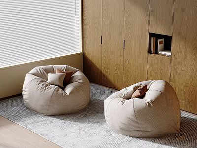 Two Beige Fabric Bean Bag Chairs in Cozy Room with Wooden Wall and Soft Rug 3d model