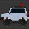 White Off Road Vehicle With Roof Rack And Lights Red Spare Tire Large Black Wheels