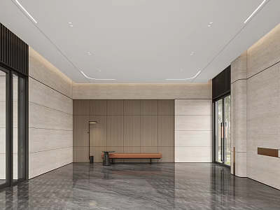 Modern Lobby Interior With Marble Floor Wooden Wall Panel Bench Floor Lamp And Large Windows 3d model
