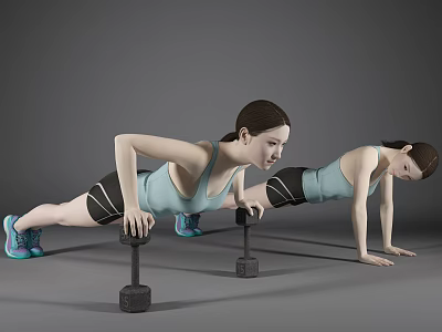 Two Women Doing Plank Exercise Using Dumbbells With Sports Tank Tops Shorts And Turquoise Sneakers 3d model
