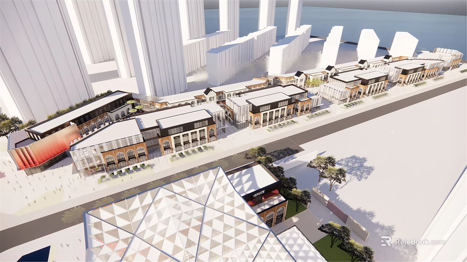 Aerial View of Urban Commercial Street with Modern and Traditional Architecture and High Rise Buildings 3d model 