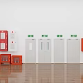 Red Fire Equipment Cabinets And White Doors With Green Emergency Exit Signs In Indoor Area