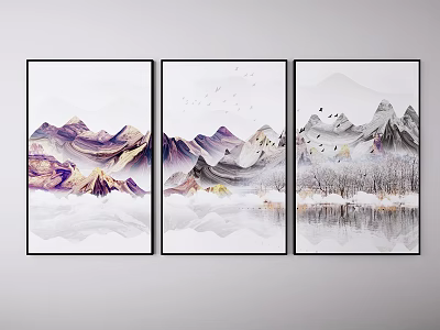 Three Panel Ink Wash Landscape Paintings With Mountain Reflections And Flying Birds 3d model
