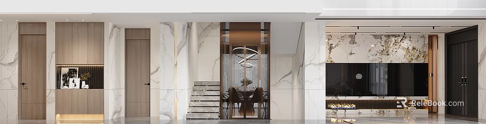 Modern Dining Room Interior With Marble Walls Dining Table And Chandelier 3d model