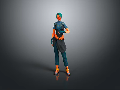 Cute Child with Teal Hair in Blue Green and Orange Outfit Standing on Gray Background 3d model