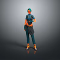 Cute Child with Teal Hair in Blue Green and Orange Outfit Standing on Gray Background