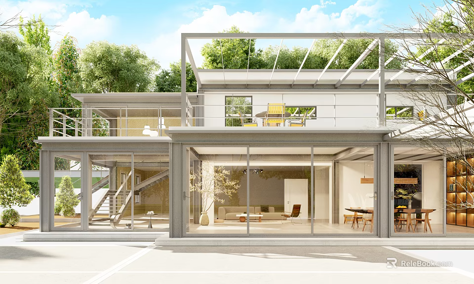 Modern Detached Villa With Glass Facade Green Roof And Surrounding Trees 3d model 