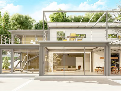 Modern Detached Villa With Glass Facade Green Roof And Surrounding Trees 3d model