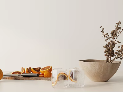 Fresh Orange Slices with Glass Cups Ice Cubes Wooden Bowl Dried Flowers on White Background 3d model